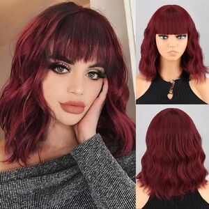 Burgundy Wavy Wig with Bangs